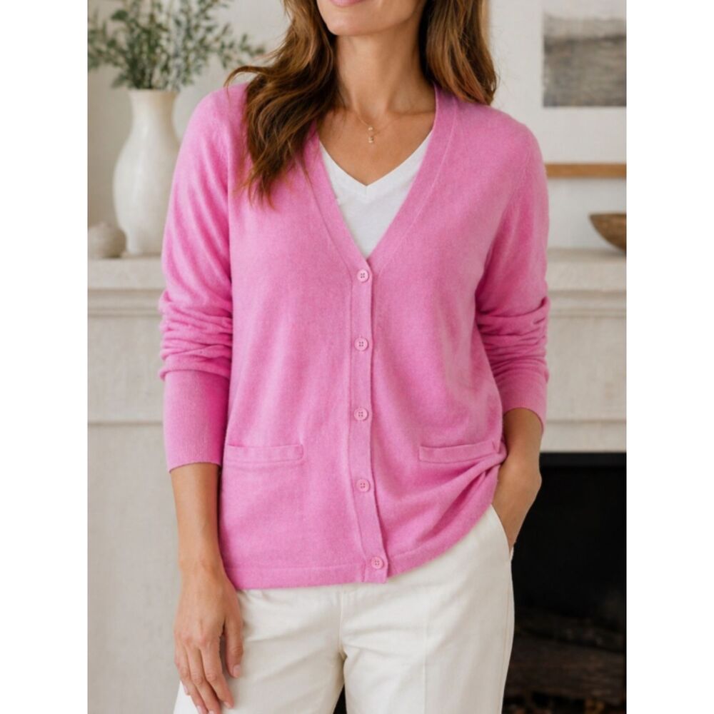 Pearls & Cashmere Women’s 100% Cashmere Button Up Pink Cardigan in Size Large